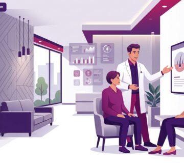 رسم توضيحي متجهي عالي الجودة لعيادة طبية حديثة وطبيب يشرح تفاصيل نجاح عملية زراعة الشعر لمريض هادئ 