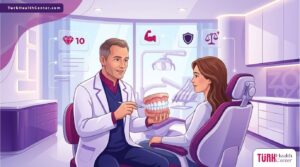 رسم توضيحي عصري يظهر طبيب يشرح عملية نحت الأرداف في تركيا للمريضة داخل عيادة فاخرة بألوان أرجوانية احترافية 