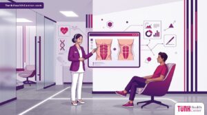 رسوم توضيحية فاخرة لطبيب يشرح عملية نحت البطن وإبراز العضلات في تركيا للمريض في عيادة حديثة 