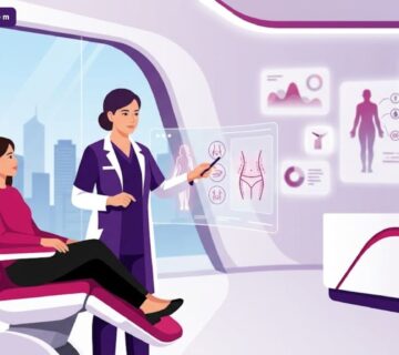 رسم توضيحي لعيادة حديثة تشرح عملية نحت الجسم بالجي بلازما في تركيا لمريض بأسلوب فيكتور راقي 