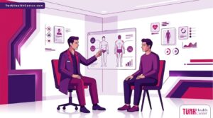 رسم توضيحي يظهر طبيب يشرح ميزات نحت الجسم للرجال في تركيا للمريض في عيادة فاخرة 