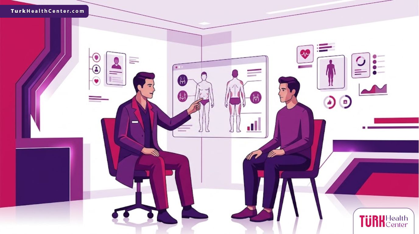 رسم توضيحي يظهر طبيب يشرح ميزات نحت الجسم للرجال في تركيا للمريض في عيادة فاخرة 