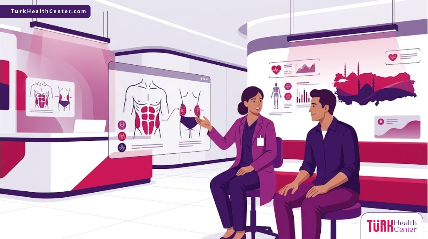 رسوم توضيحية لعيادة حديثة تشرح خطوات عملية نحت الجسم للرجال في تركيا بطريقة احترافية 