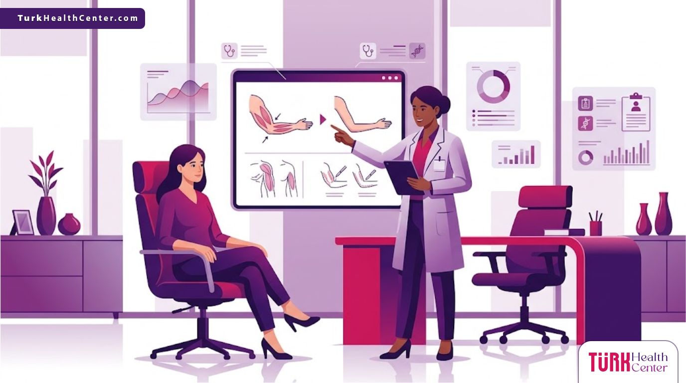 رسم توضيحي يظهر طبيب يشرح عملية نحت الذراعين في تركيا لمريض داخل عيادة عصرية متطورة 