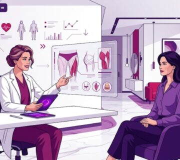 رسم توضيحي يظهر طبيب يشرح عملية نحت الفخذين في تركيا داخل عيادة عصرية بألوان أرجوانية فاخرة 