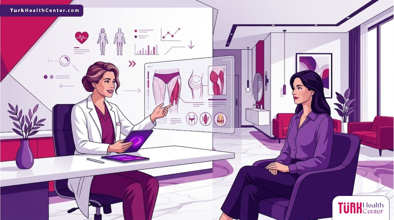 رسم توضيحي يظهر طبيب يشرح عملية نحت الفخذين في تركيا داخل عيادة عصرية بألوان أرجوانية فاخرة 