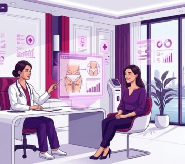 رسم توضيحي عصري يظهر طبيب تجميل يشرح تقنيات نقل الدهون في تركيا لمريضة داخل عيادة فاخرة بألوان أرجوانية احترافية 