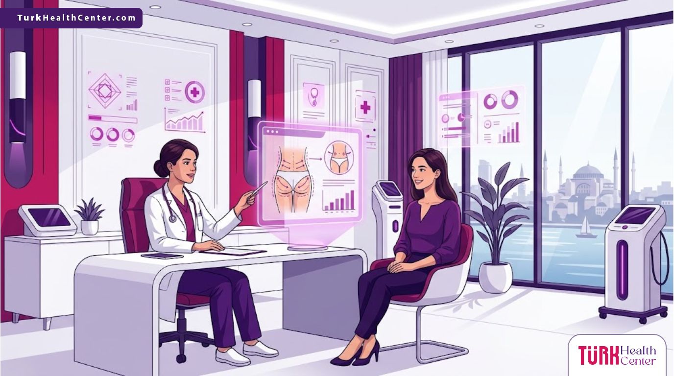 رسم توضيحي عصري يظهر طبيب تجميل يشرح تقنيات نقل الدهون في تركيا لمريضة داخل عيادة فاخرة بألوان أرجوانية احترافية 