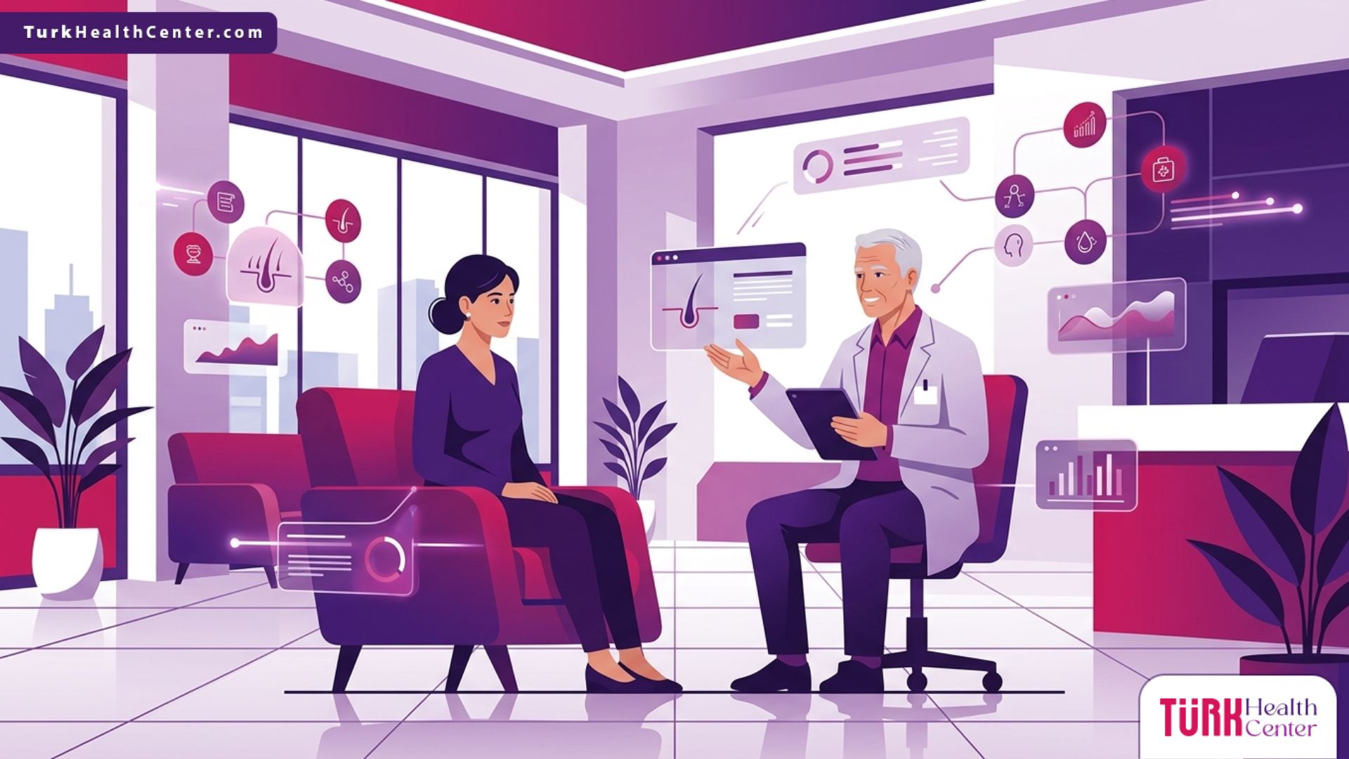 رسم توضيحي عالي الجودة لطبيب في عيادة حديثة يشرح للمريض استفسارات حول هل زراعة الشعر لها اضرار وكيفية تجنبها 