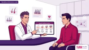 رسومات توضيحية لعيادة طبية حديثة تشرح مراحل نمو الشعر وكيفية التعامل مع سؤال هل يتساقط الشعر المزروع بعد الزراعة 
