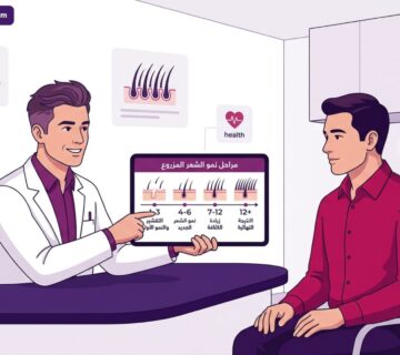 رسومات توضيحية لعيادة طبية حديثة تشرح مراحل نمو الشعر وكيفية التعامل مع سؤال هل يتساقط الشعر المزروع بعد الزراعة 