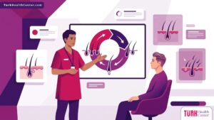 رسوم توضيحية حديثة لطبيب يشرح مراحل نمو الشعر وكيفية التعامل مع سؤال هل يتساقط الشعر بعد الزراعه في عيادة فاخرة 