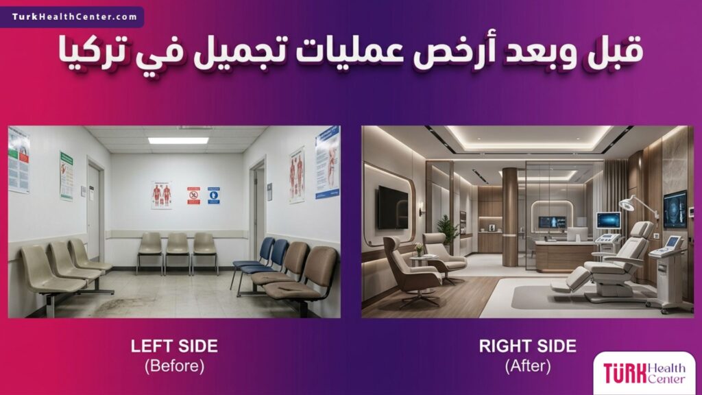 صورة مقارنة تبرز الفرق في جودة الرعاية الطبية قبل وبعد اختيار أرخص عمليات تجميل في تركيا مع الحفاظ على الفخامة.