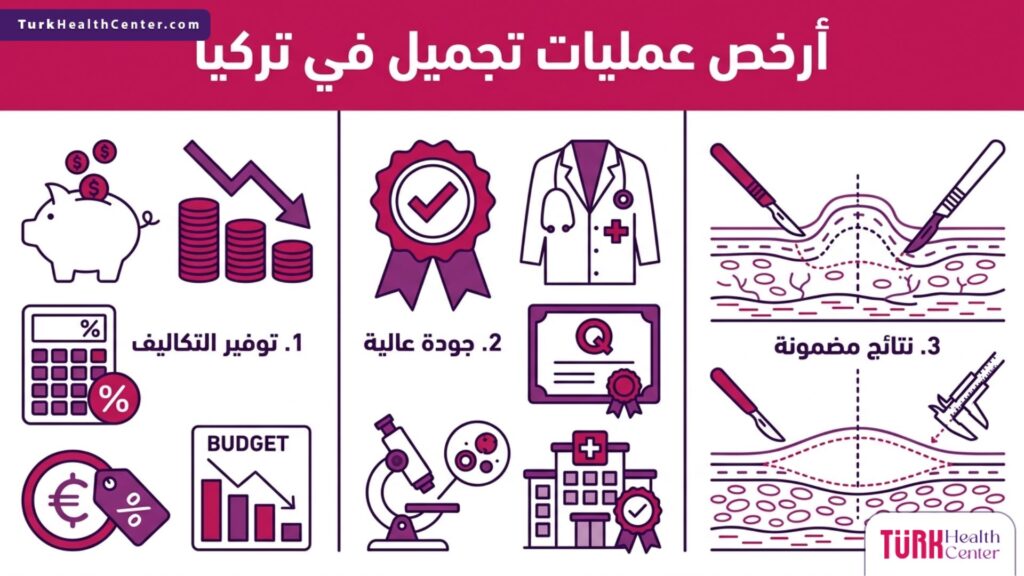 إنفوجرافيك يوضح العوامل الرئيسية التي تجعل أرخص عمليات تجميل في تركيا الخيار الأمثل من حيث الجودة والتكلفة.