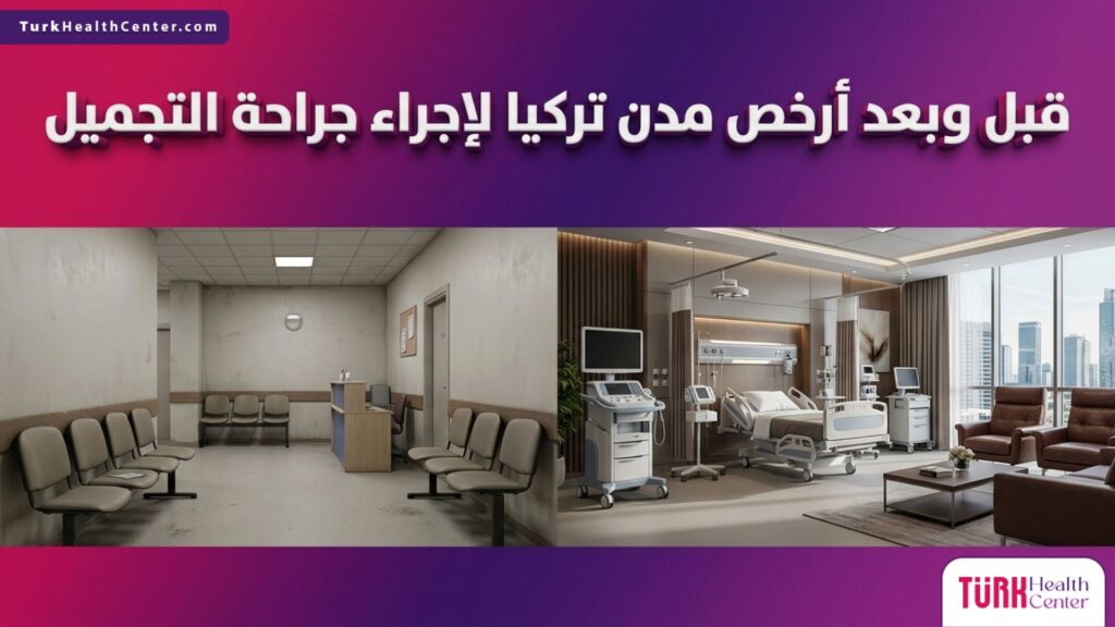 مقارنة توضح التحول في مستوى الرفاهية الطبية عند اختيار أرخص مدن تركيا لإجراء جراحة التجميل مع نص ثلاثي الأبعاد.