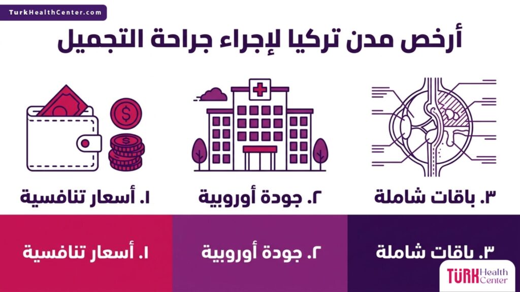 تصميم إنفوجرافيك يستعرض أهم 3 ميزات للبحث عن أرخص مدن تركيا لإجراء جراحة التجميل.