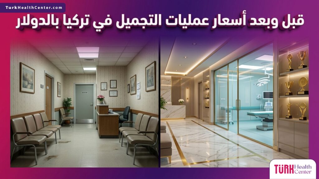 صورة مقارنة توضح الفارق بين العيادات العادية والخدمات الفاخرة عند البحث عن أسعار عمليات التجميل في تركيا بالدولار.