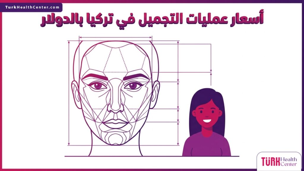 إنفوجرافيك تشريحي دقيق يوضح تخطيط النسبة الذهبية للوجه وعلاقة الجودة الشاملة عند حساب أسعار عمليات التجميل في تركيا بالدولار.