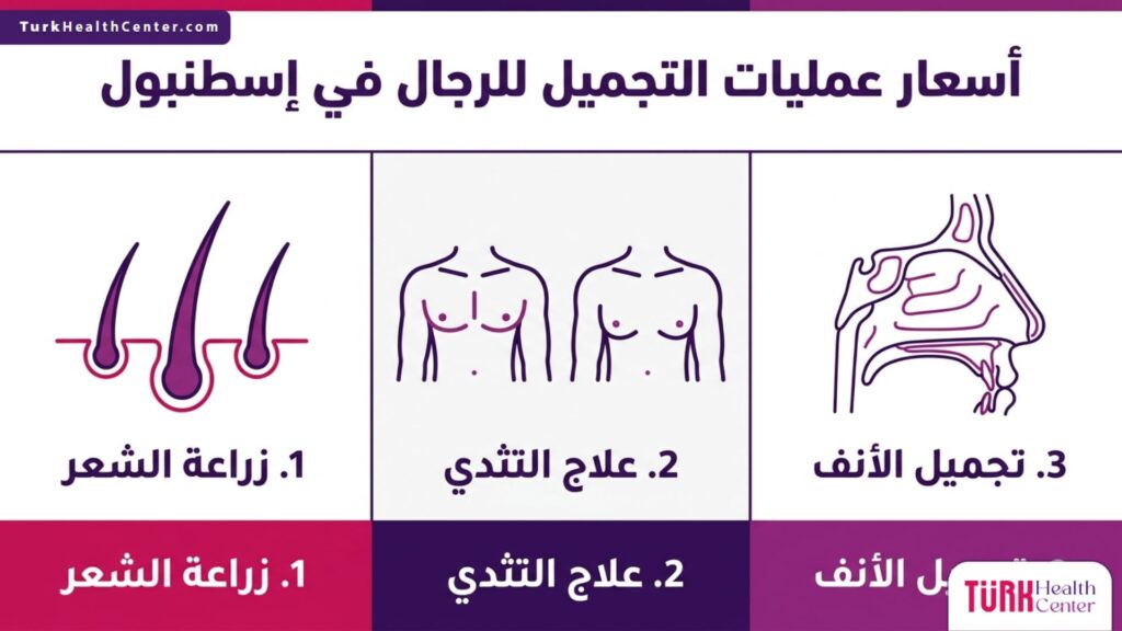 إنفوجرافيك تعليمي مقسم لثلاثة أقسام يشرح تفاصيل تتعلق بموضوع أسعار عمليات التجميل للرجال في إسطنبول.