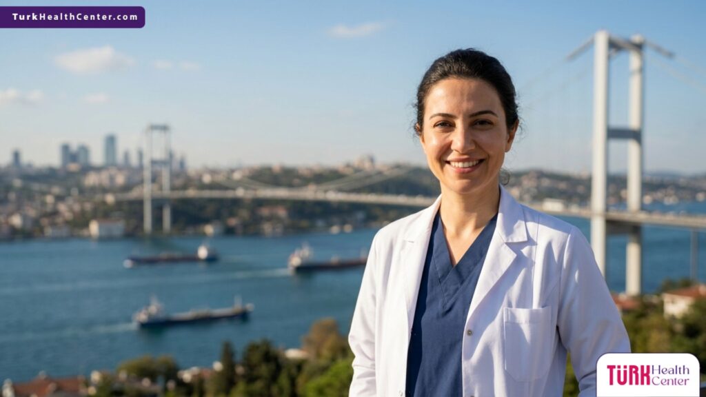 طبيبة تجميل نسائي محترفة تقف بثقة أمام جسر البوسفور في إسطنبول لتقديم أفضل العروض على أسعار عمليات تجميل المناطق الحساسة.