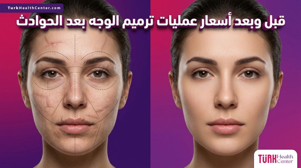 صورة قبل وبعد توضح نتائج وأهمية معرفة أسعار عمليات ترميم الوجه بعد الحوادث.