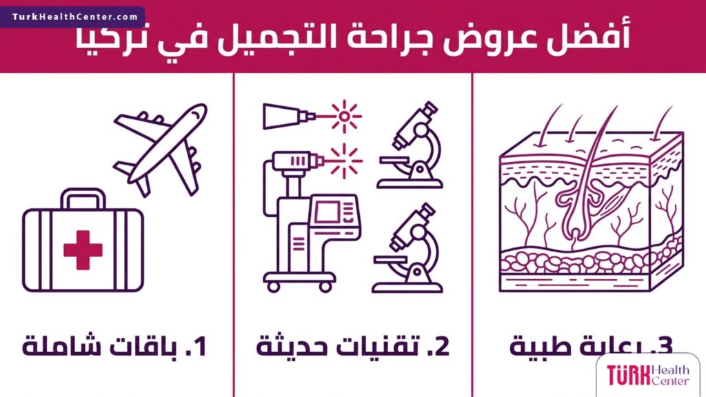 تصميم إنفوجرافيك يستعرض المميزات الثلاث الأساسية في أفضل عروض جراحة التجميل في تركيا.