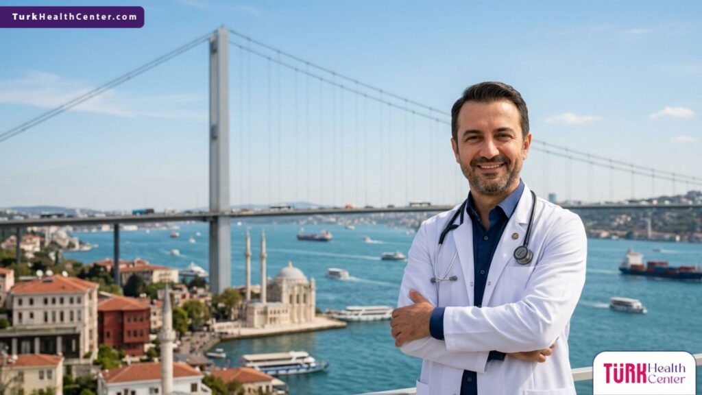 طبيب تجميل متخصص يقف أمام جسر البوسفور في إسطنبول، يمثل أفضل عروض جراحة التجميل في تركيا.