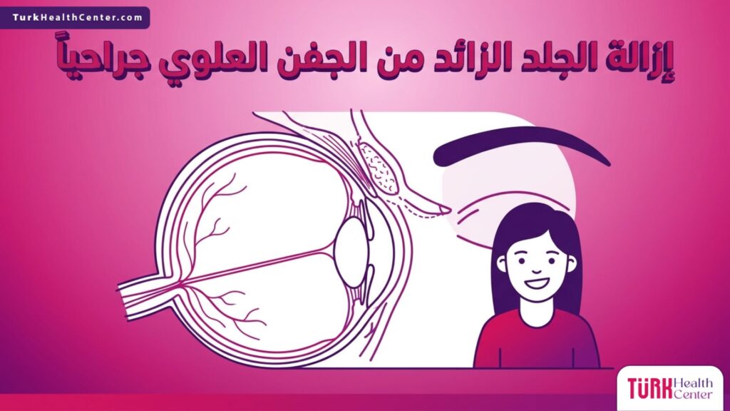 رسم بياني طبي يوضح التشريح الداخلي لعملية إزالة الجلد الزائد من الجفن العلوي جراحياً.