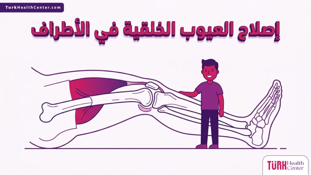 رسم بياني طبي دقيق يوضح البنية التشريحية وخطوات إصلاح العيوب الخلقية في الأطراف.