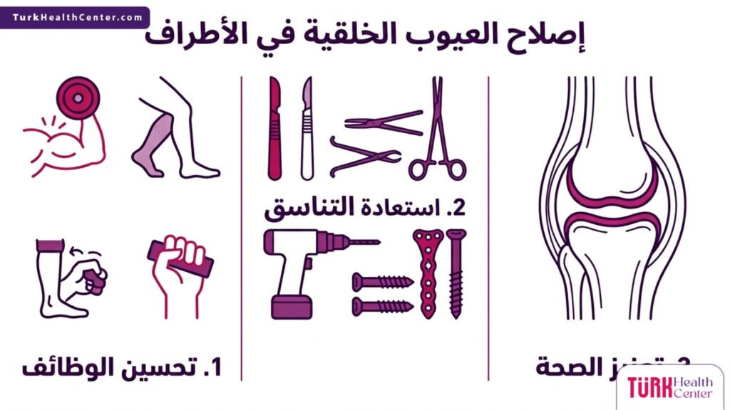 إنفوجرافيك يشرح أهم ثلاث مزايا صحية لإجراء إصلاح العيوب الخلقية في الأطراف.