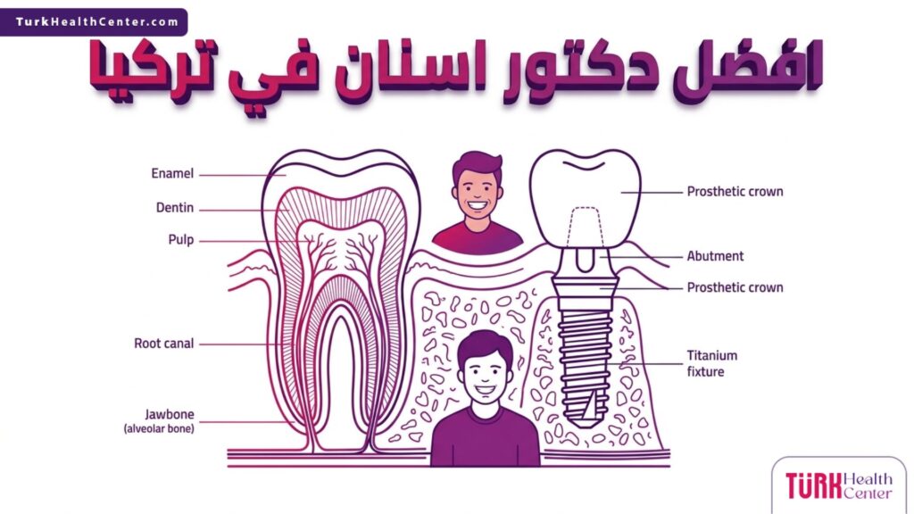 إنفوجرافيك طبي دقيق يوضح التشريح الداخلي للأسنان وهيكل الزراعة الذي يعتمده افضل دكتور اسنان في تركيا.