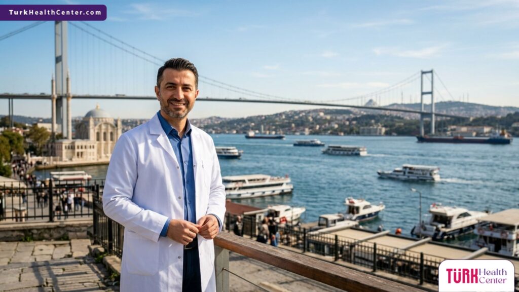 طبيب تجميل مبتسم يقف بثقة أمام جسر البوسفور في إسطنبول، يمثل الخبرة التي تضمن أفضل التأثير النفسي لنتائج جراحة التجميل.