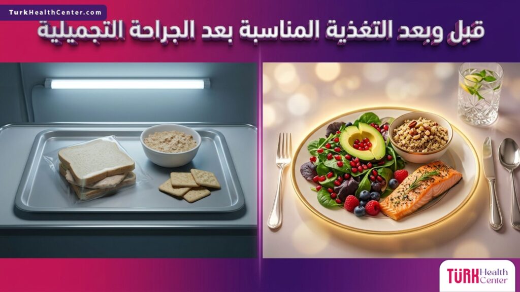 مقارنة بصرية توضح الفارق قبل وبعد تطبيق التغذية المناسبة بعد الجراحة التجميلية على سرعة التعافي.