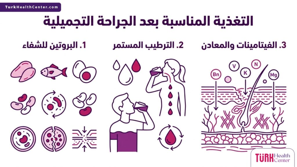 تصميم إنفوجرافيك يبرز أسس التغذية المناسبة بعد الجراحة التجميلية من بروتينات وفيتامينات وترطيب.