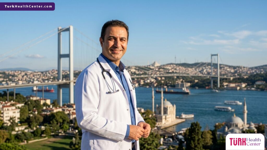 طبيب متخصص يبتسم أمام جسر البوسفور في إسطنبول، يقدم استشارات حول التغذية المناسبة بعد الجراحة التجميلية.