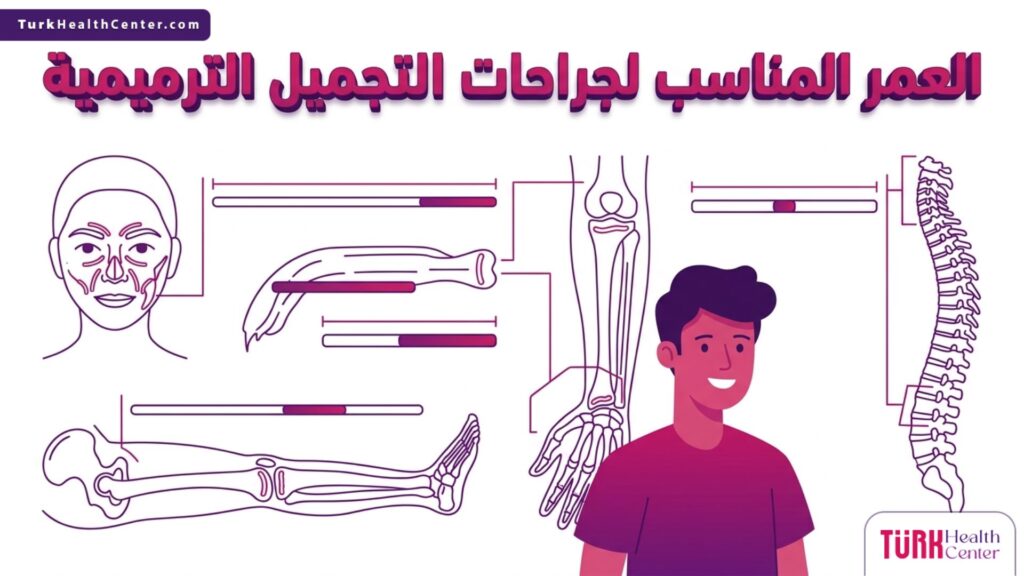 إنفوجرافيك طبي دقيق يوضح اكتمال النمو العظمي و العمر المناسب لجراحات التجميل الترميمية.
