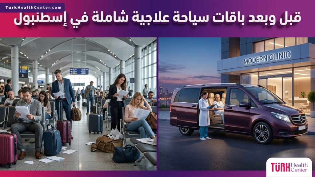 مقارنة قبل وبعد تظهر التحول من التوتر إلى الراحة بفضل باقات سياحة علاجية شاملة في إسطنبول.