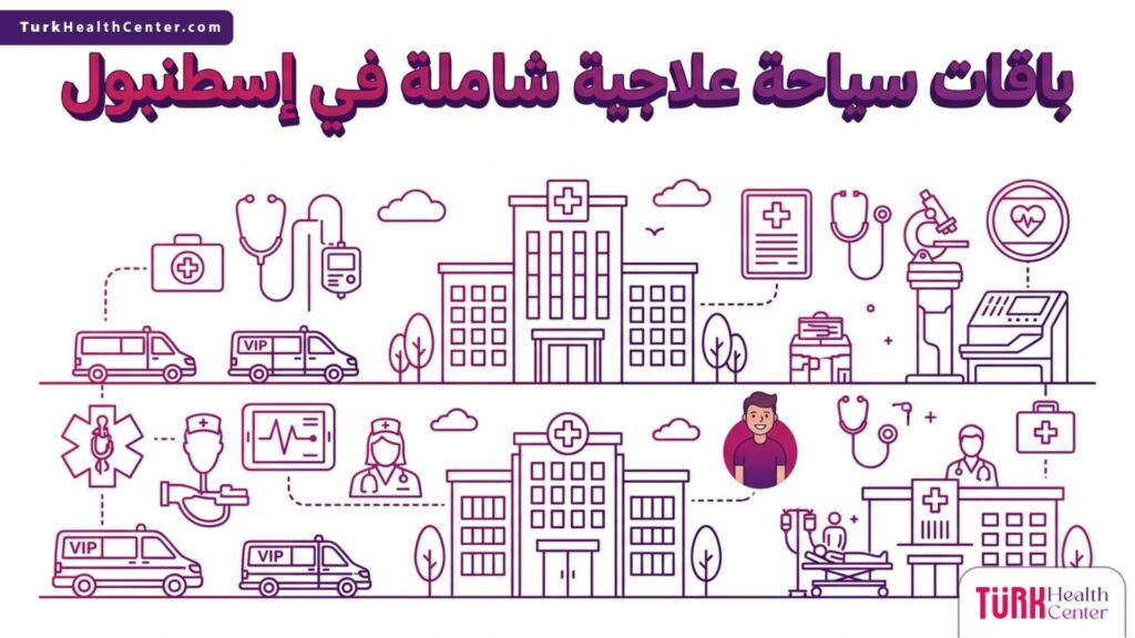 إنفوجرافيك طبي دقيق يوضح مسار الرعاية ضمن باقات سياحة علاجية شاملة في إسطنبول.