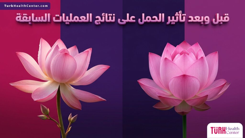 صورة مجازية مقسمة توضح التغيرات الجسدية وتعبر عن قبل وبعد تأثير الحمل على نتائج العمليات السابقة.