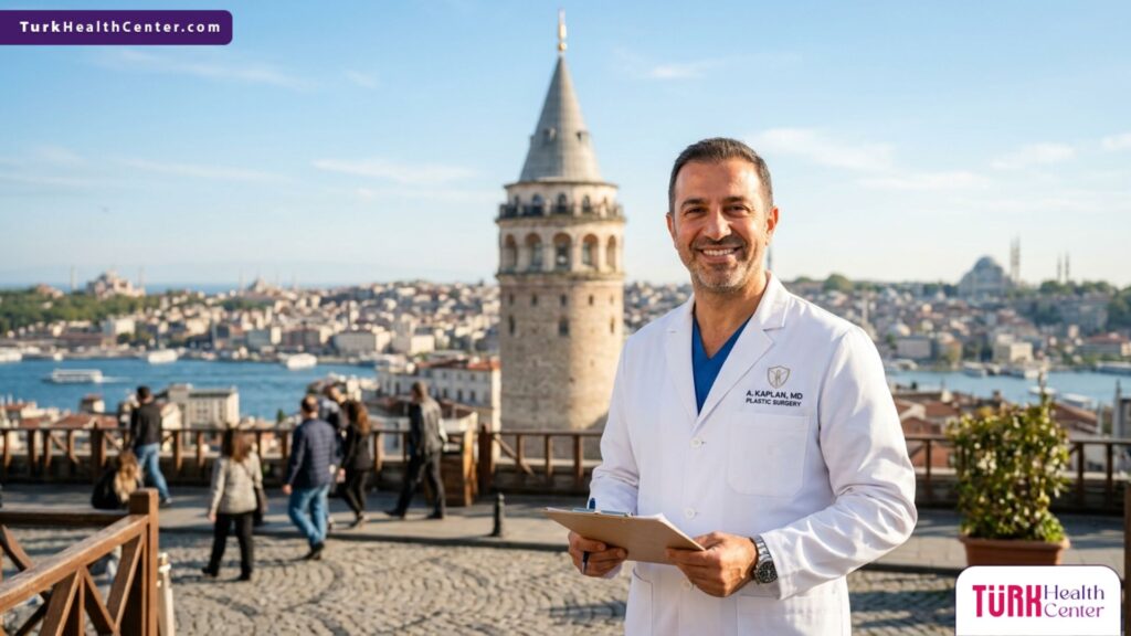 طبيب أسنان خبير يقف أمام برج غالاتا، يمثل جودة خدمات تاج اسنان في تركيا والسياحة العلاجية.