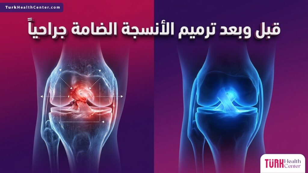 مقارنة قبل وبعد ترميم الأنسجة الضامة جراحياً تظهر تعافي الأربطة والمفاصل بشكل كامل.