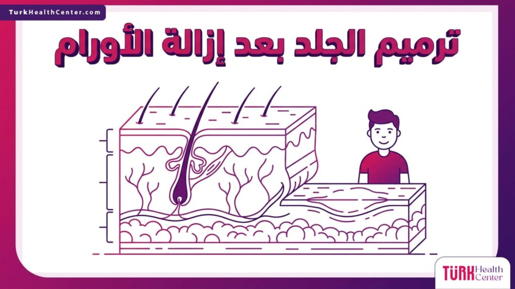 مخطط تشريحي دقيق يوضح الطبقات الخلوية لعملية ترميم الجلد بعد إزالة الأورام