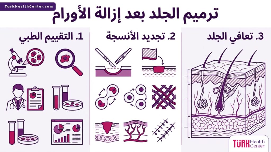 إنفوجرافيك علمي يلخص مراحل ترميم الجلد بعد إزالة الأورام في ثلاث خطوات أساسية