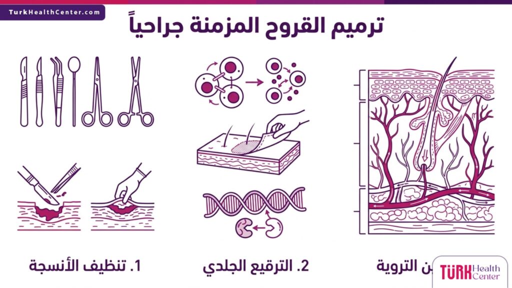 رسم بياني إنفوجرافيك يوضح خطوات وآليات ترميم القروح المزمنة جراحياً.