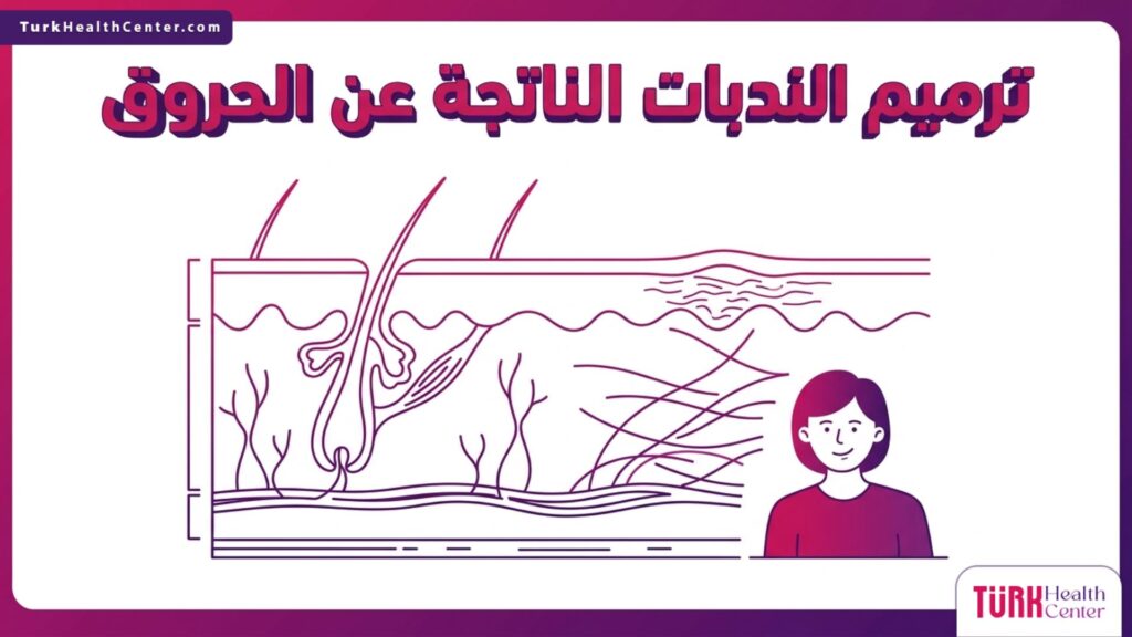 إنفوجرافيك طبي دقيق يوضح الطبقات التشريحية للجلد وكيفية ترميم الندبات الناتجة عن الحروق علمياً.