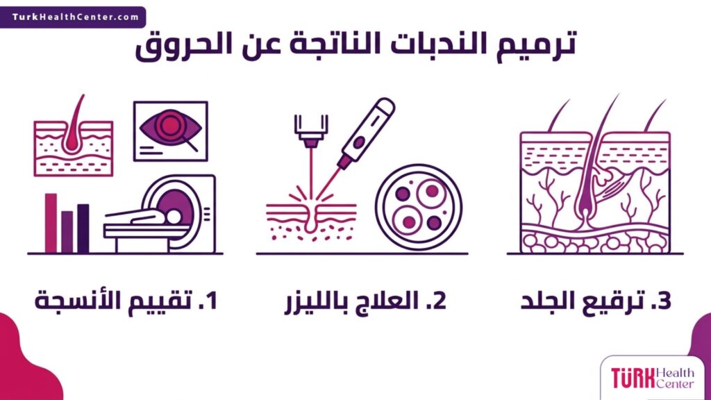 مخطط إنفوجرافيك يوضح الخطوات الثلاث الأساسية في رحلة ترميم الندبات الناتجة عن الحروق.