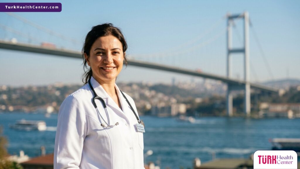طبيب تجميل متخصص في ترميم الندبات الناتجة عن الحروق يقف بثقة أمام جسر البوسفور في إسطنبول، تركيا.