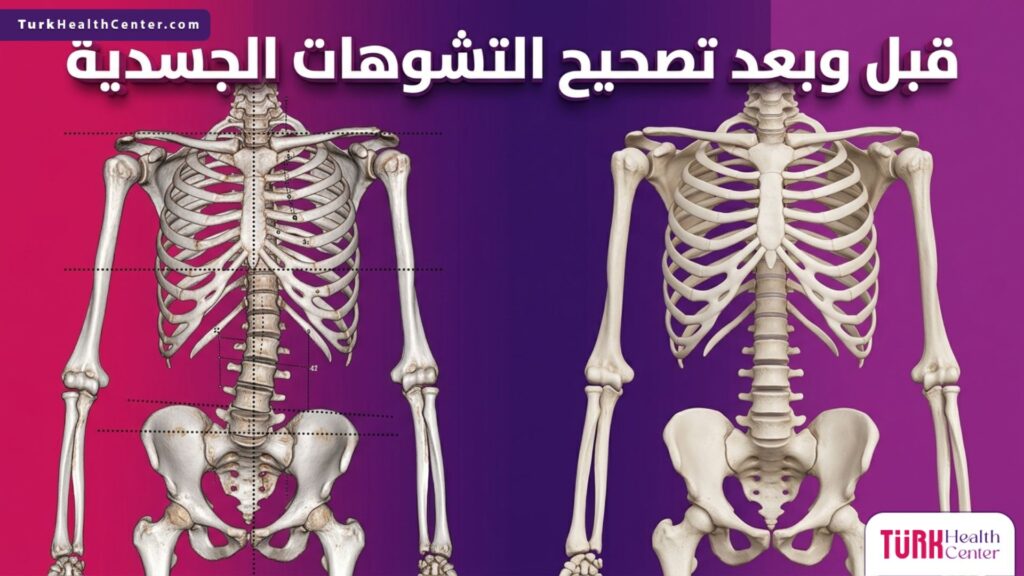 مقارنة بصرية لحالة الهيكل العظمي والبنية الجسدية قبل وبعد إجراء عملية تصحيح التشوهات الجسدية بنجاح.