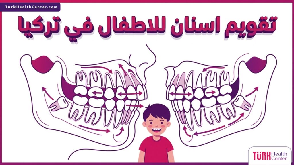 رسم تشريحي يوضح آلية عمل تقويم اسنان للاطفال في تركيا وكيفية توجيه نمو الفكين.