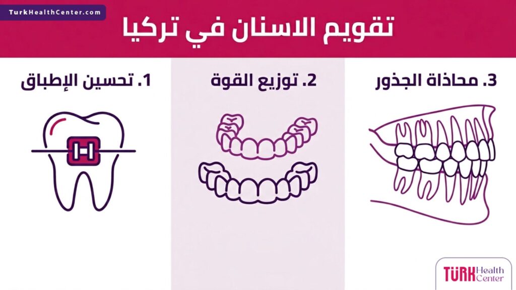 مخطط طبي يوضح المزايا الثلاثة الرئيسية لعملية تقويم الاسنان في تركيا.